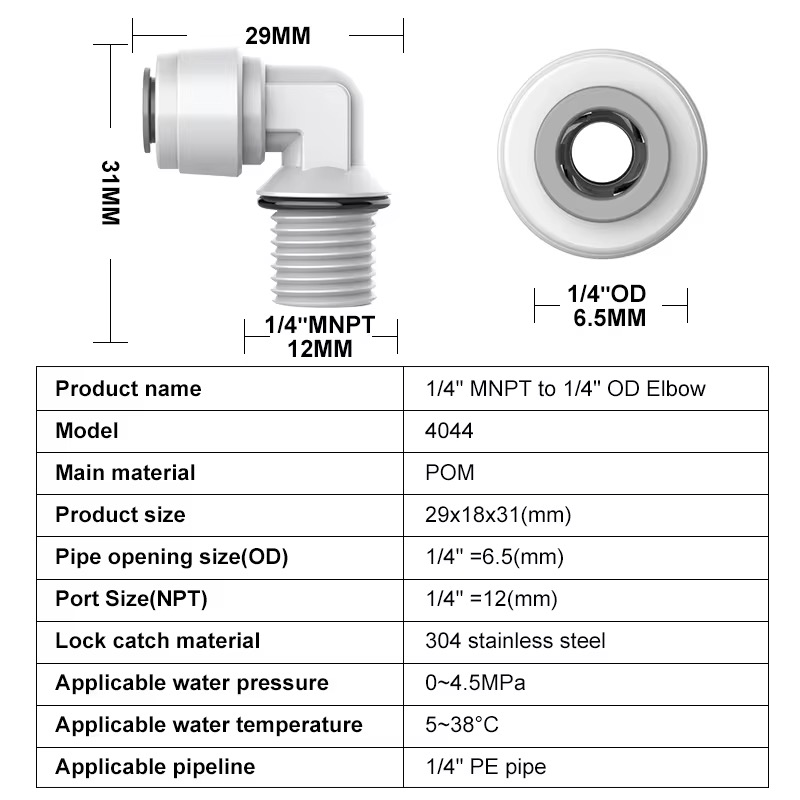 Elbow port ¼ accepts tubing for ¼ screwthread